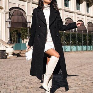 Classic Black Double-Breasted Wool Pea Coat - Stylish Longline Overcoat